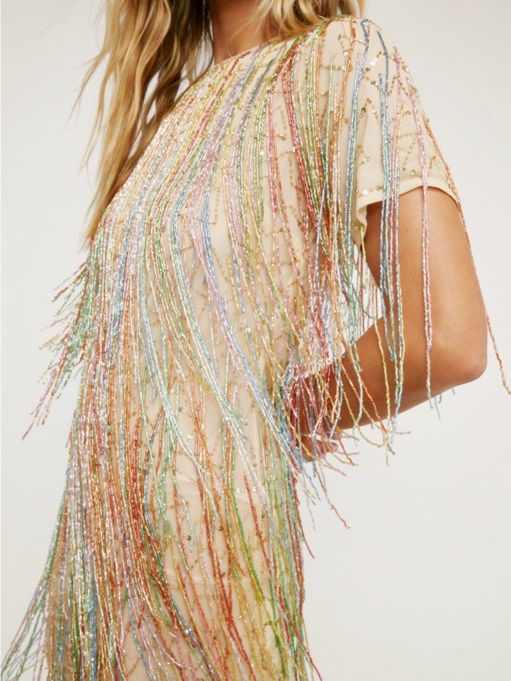 Nasty Gal Tassel Beaded Fringe Party Dress in Nude with Multicolor Strands